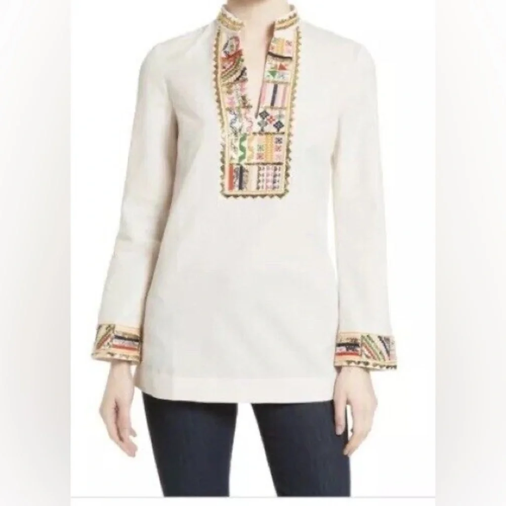 NWT $450 Tory Burch Embellished Linen-blend Tunic Blouse